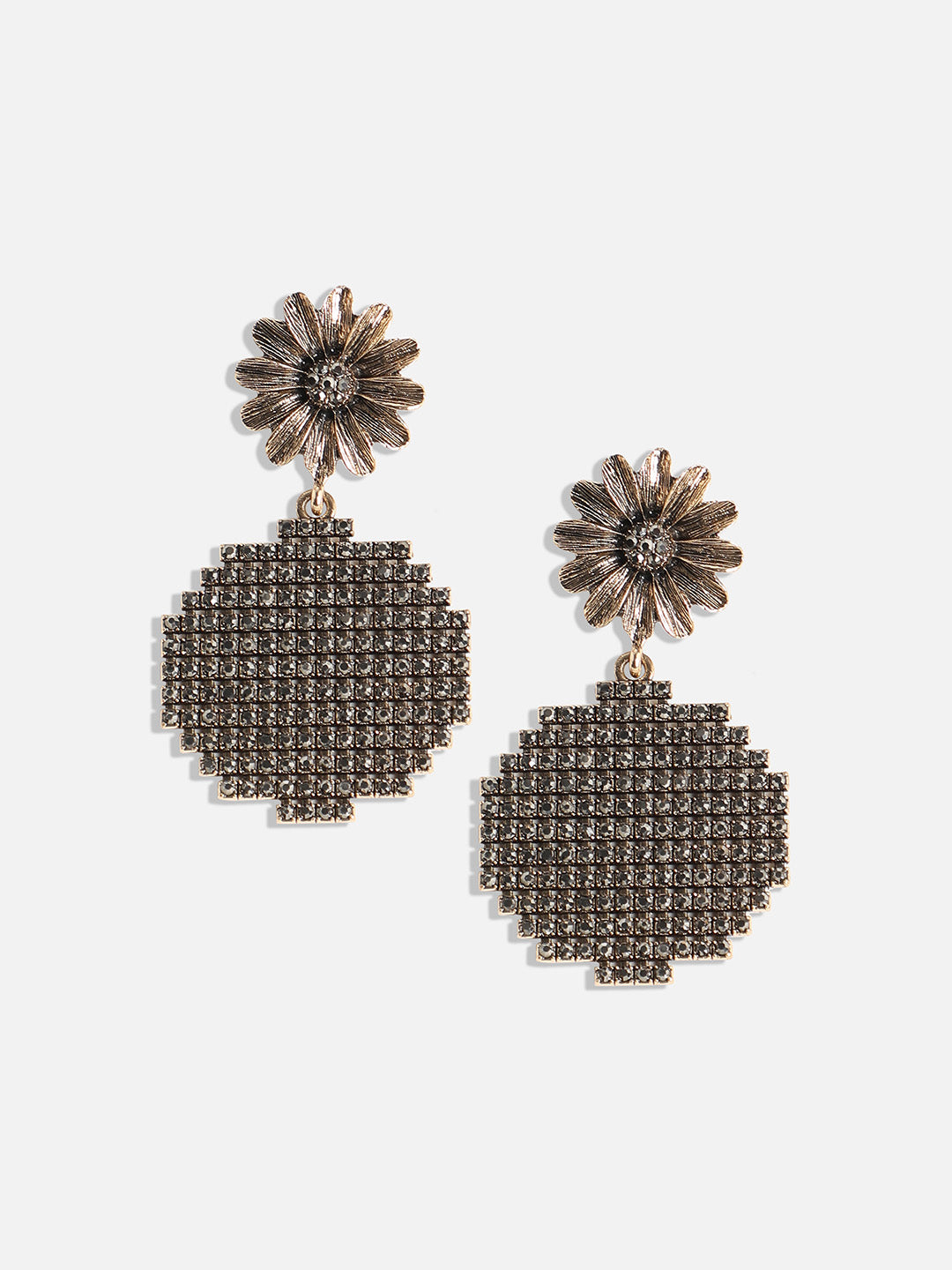 Gold-Plated Stone-Studded Floral Circular Drop Earrings