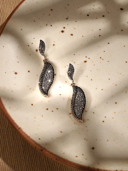Gold-Plated Stones Studded Leaf Shaped Drop Earrings