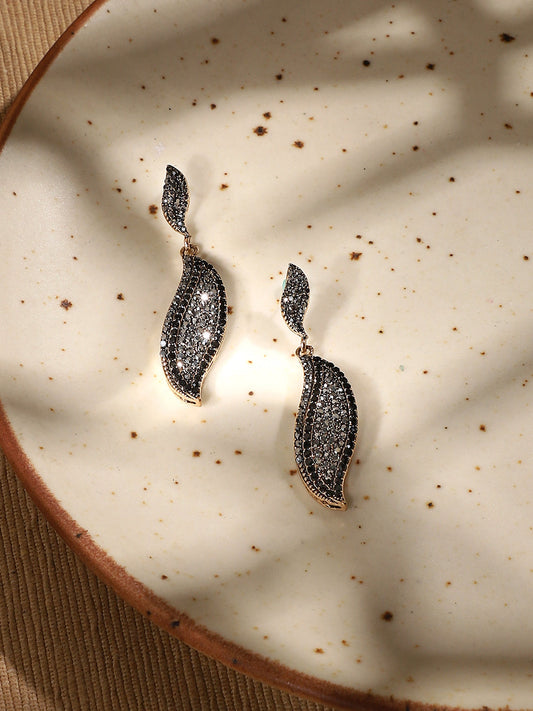 Gold-Plated Stones Studded Leaf Shaped Drop Earrings