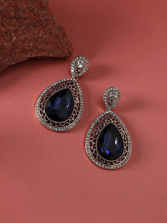Gold-Plated Artificial Stones Studded Teardrop Shaped Earrings