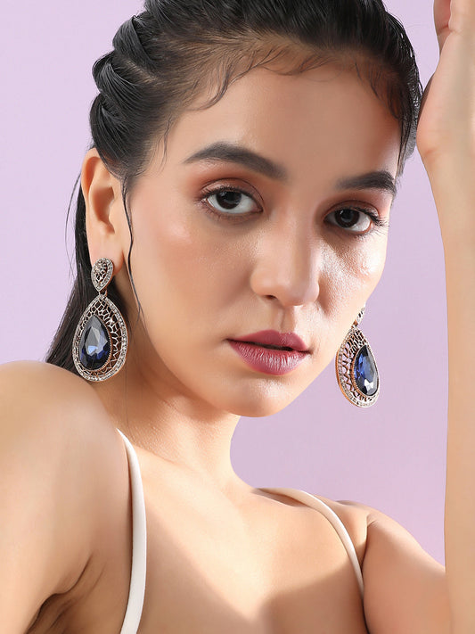 Gold-Plated Artificial Stones Studded Teardrop Shaped Earrings
