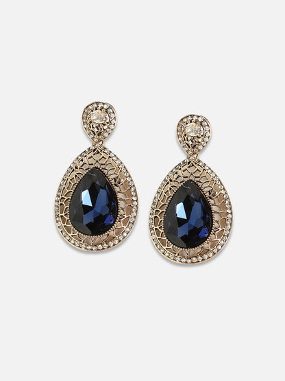 Gold-Plated Artificial Stones Studded Teardrop Shaped Earrings