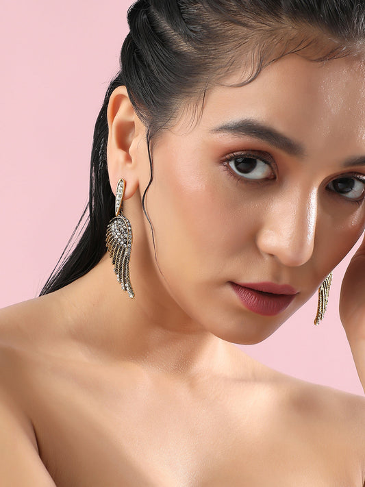Gold-Plated Artificial Stones Studded Contemporary Drop Earrings