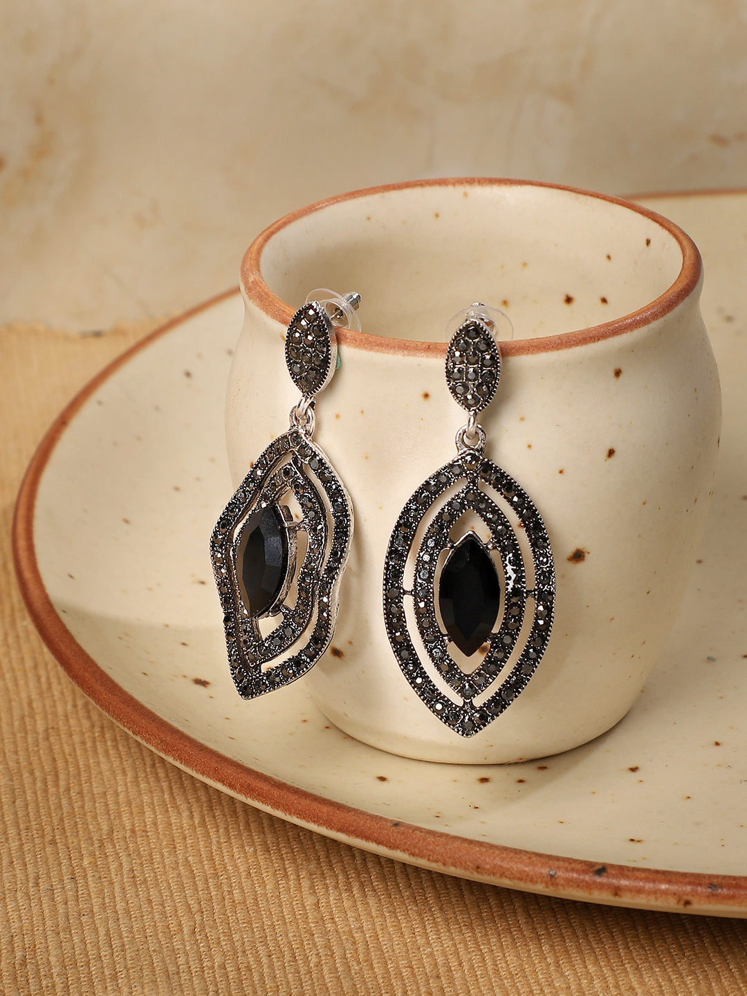 Silver-Plated Stone Studded Contemporary Drop Earrings