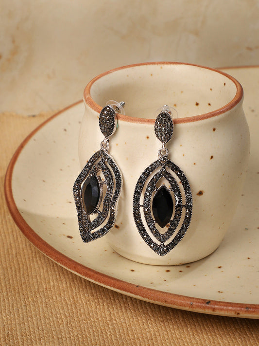 Silver-Plated Stone Studded Contemporary Drop Earrings