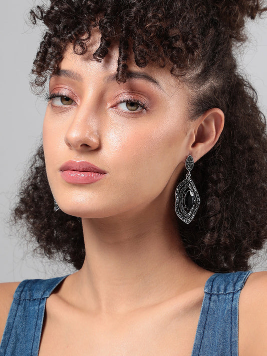 Silver-Plated Stone Studded Contemporary Drop Earrings