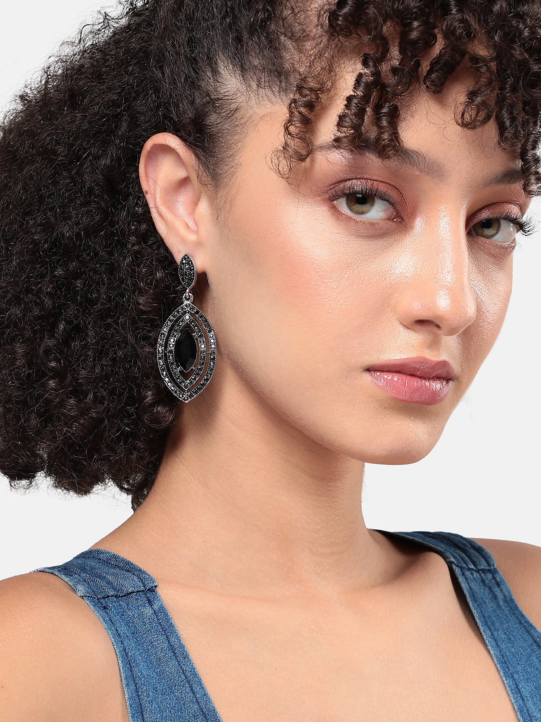 Silver-Plated Stone Studded Contemporary Drop Earrings