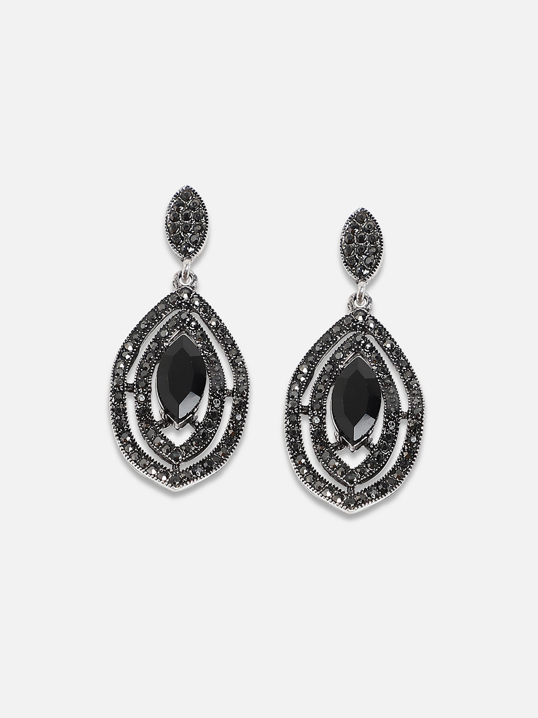 Silver-Plated Stone Studded Contemporary Drop Earrings