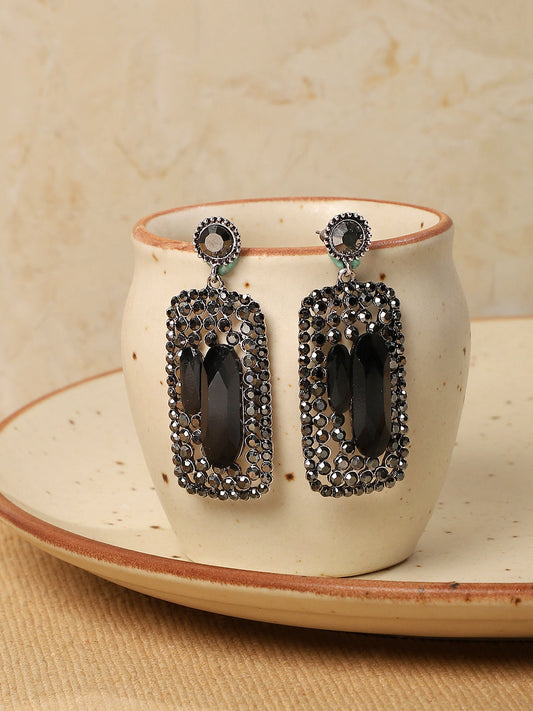 Silver-Plated Geometric Artificial Stones Studded Earrings