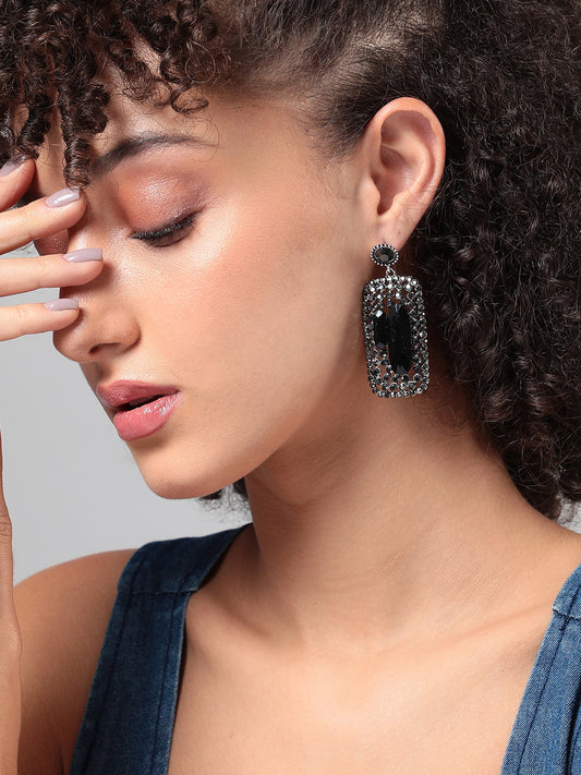 Silver-Plated Geometric Artificial Stones Studded Earrings