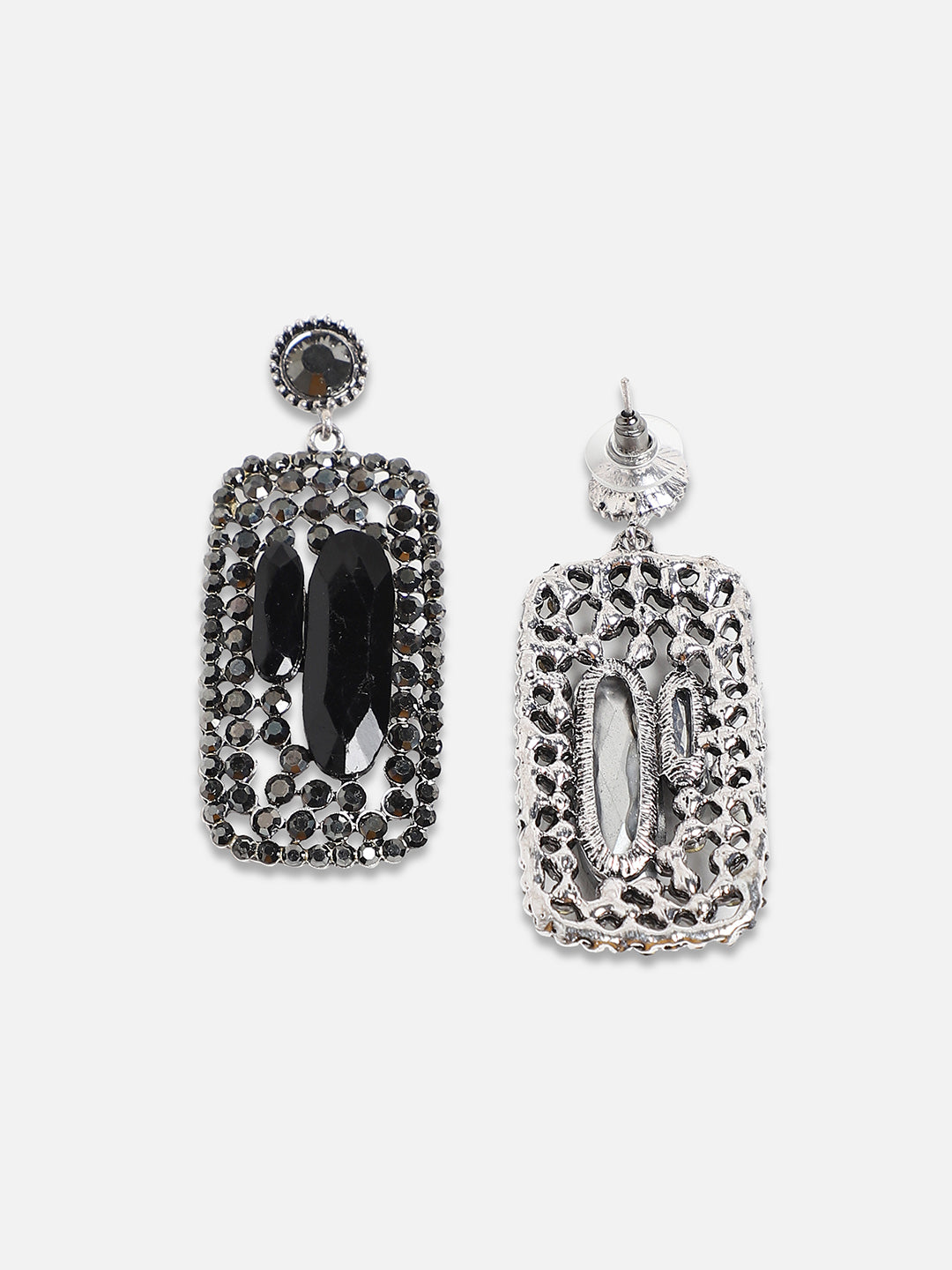 Silver-Plated Geometric Artificial Stones Studded Earrings