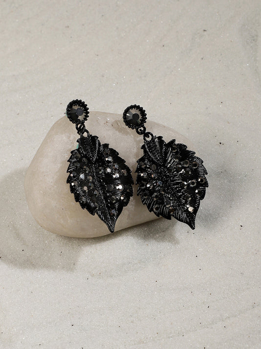 Stones Studded Leaf Shaped Drop Earrings