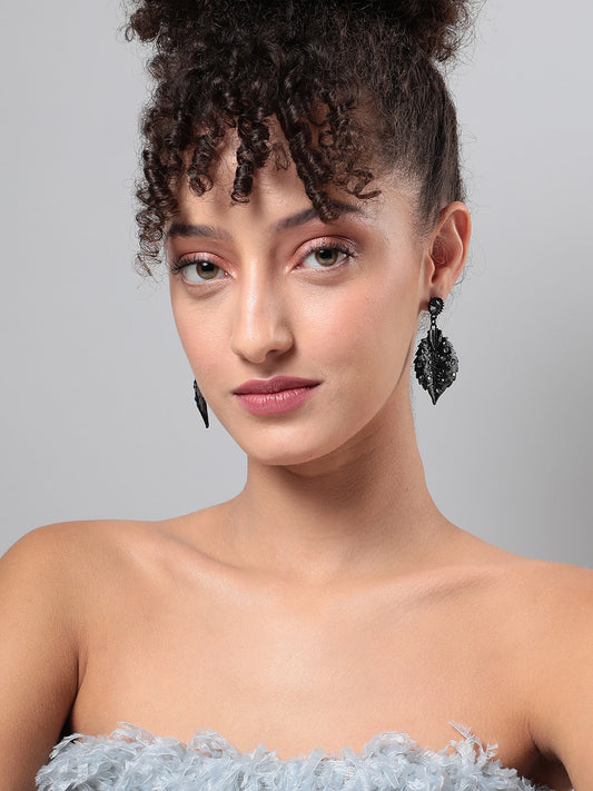 Stones Studded Leaf Shaped Drop Earrings