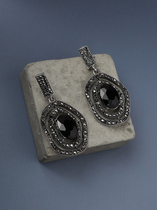 Silver-Plated Stones Studded Lined Oval Drop Earrings