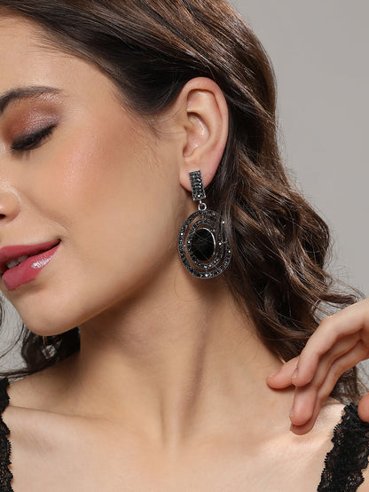 Silver-Plated Stones Studded Lined Oval Drop Earrings