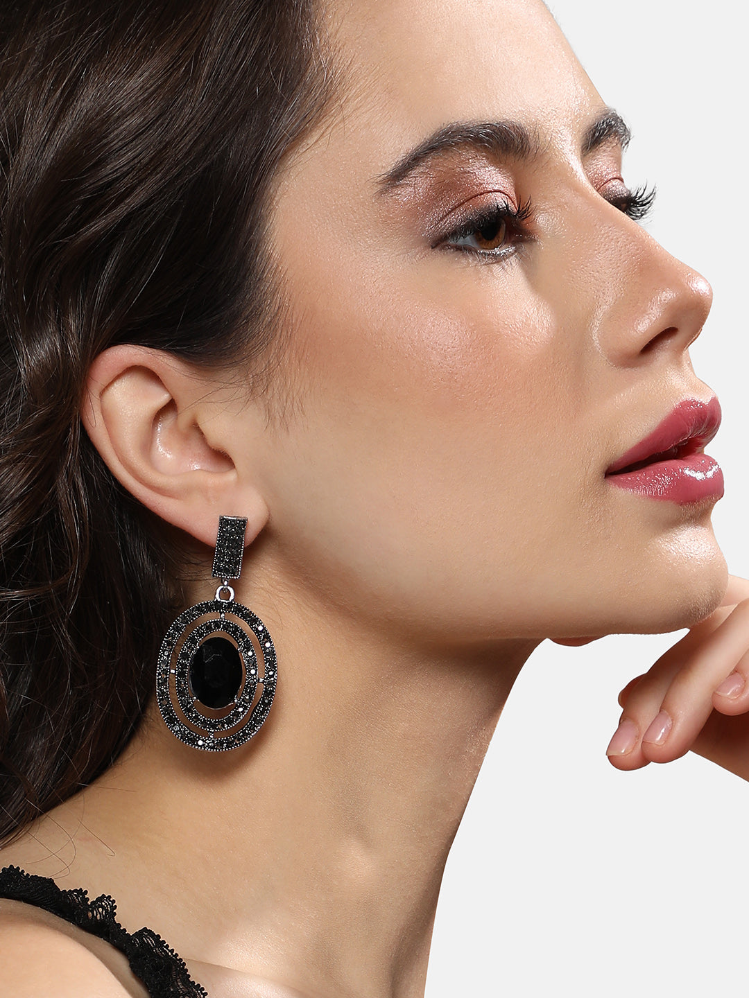 Silver-Plated Stones Studded Lined Oval Drop Earrings