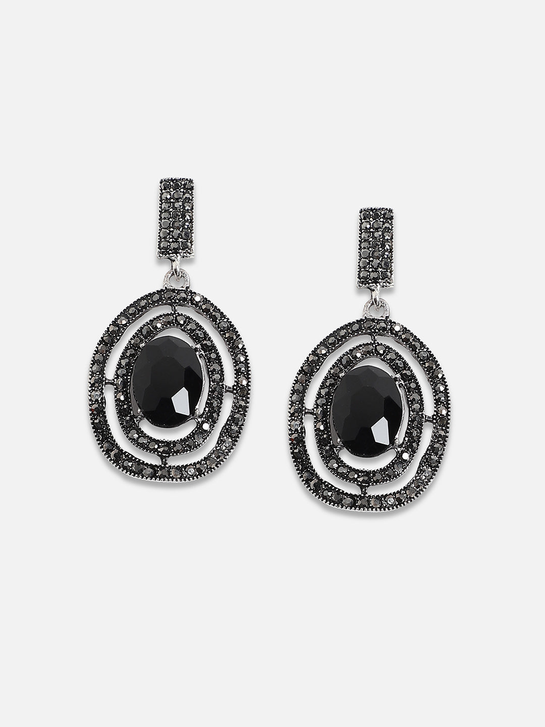 Silver-Plated Stones Studded Lined Oval Drop Earrings