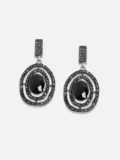 Silver-Plated Stones Studded Lined Oval Drop Earrings