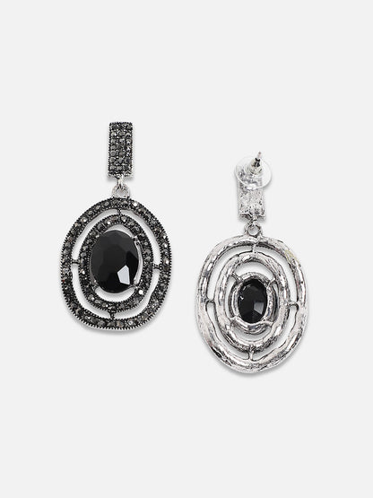 Silver-Plated Stones Studded Lined Oval Drop Earrings