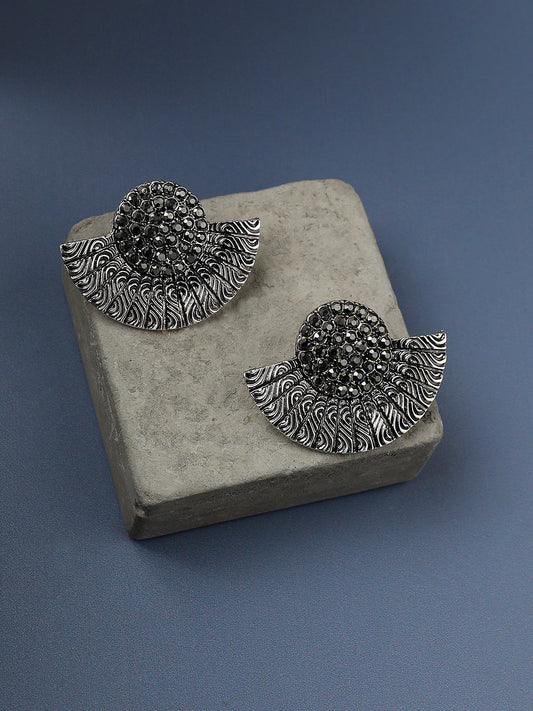 Silver-Plated Stones Studded Crescent Shaped Oxidised Studs Earrings