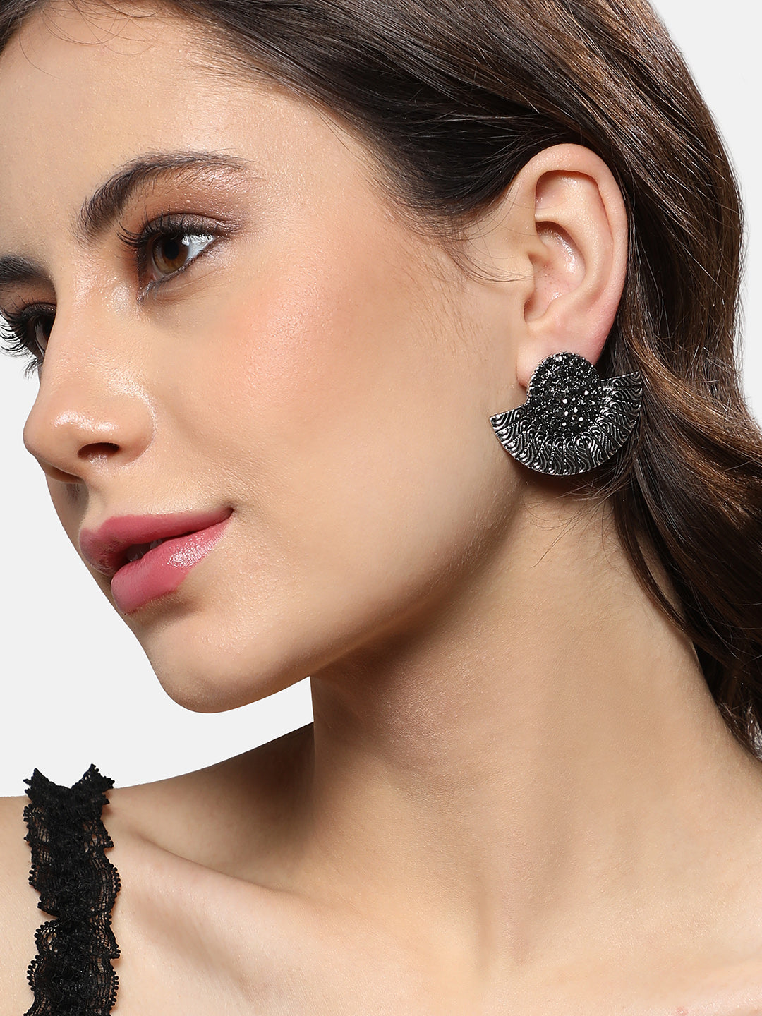 Silver-Plated Stones Studded Crescent Shaped Oxidised Studs Earrings