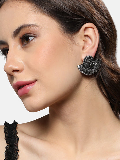 Silver-Plated Stones Studded Crescent Shaped Oxidised Studs Earrings