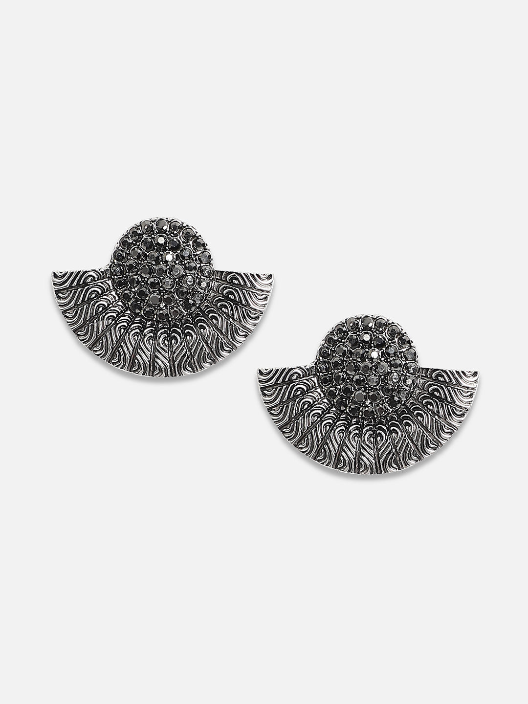 Silver-Plated Stones Studded Crescent Shaped Oxidised Studs Earrings