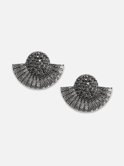 Silver-Plated Stones Studded Crescent Shaped Oxidised Studs Earrings