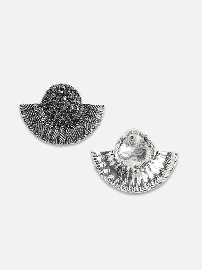 Silver-Plated Stones Studded Crescent Shaped Oxidised Studs Earrings