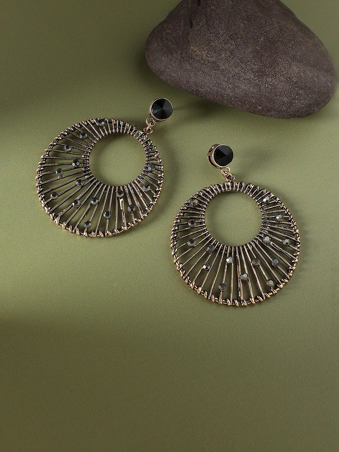 Gold-Plated Stones Studded Circular Drop Earrings