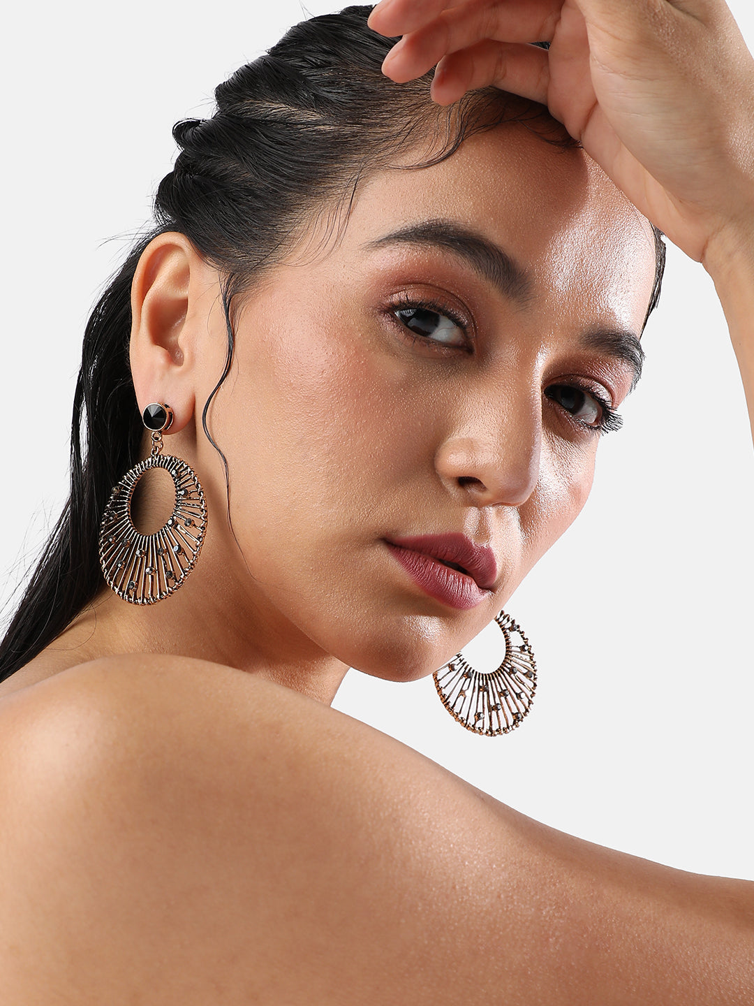 Gold-Plated Stones Studded Circular Drop Earrings