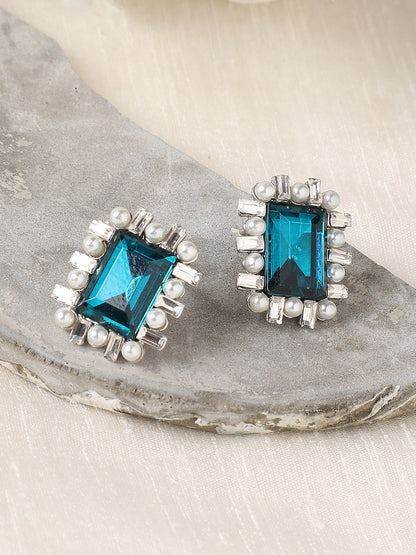 Silver-Plated Artificial Stones Beads-Studded Studs Earrings