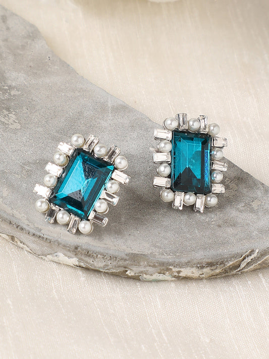 Silver-Plated Artificial Stones Beads-Studded Studs Earrings