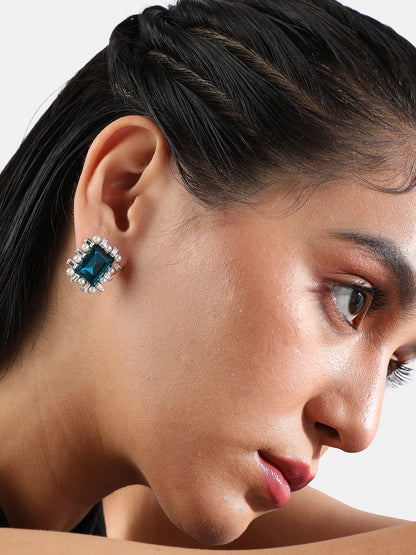 Silver-Plated Artificial Stones Beads-Studded Studs Earrings