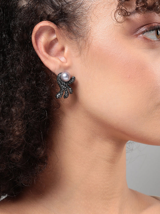 Silver-Plated Artificial Stones Studded Drop Earrings
