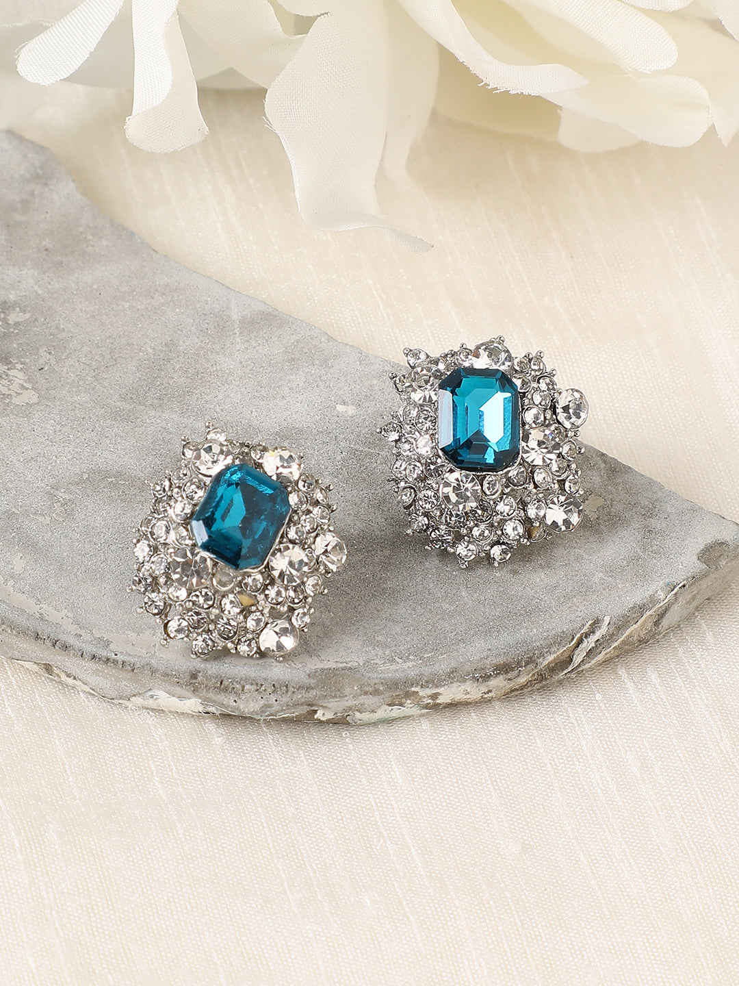 Silver-Plated Stone-Studded Contemporary Studs Earrings