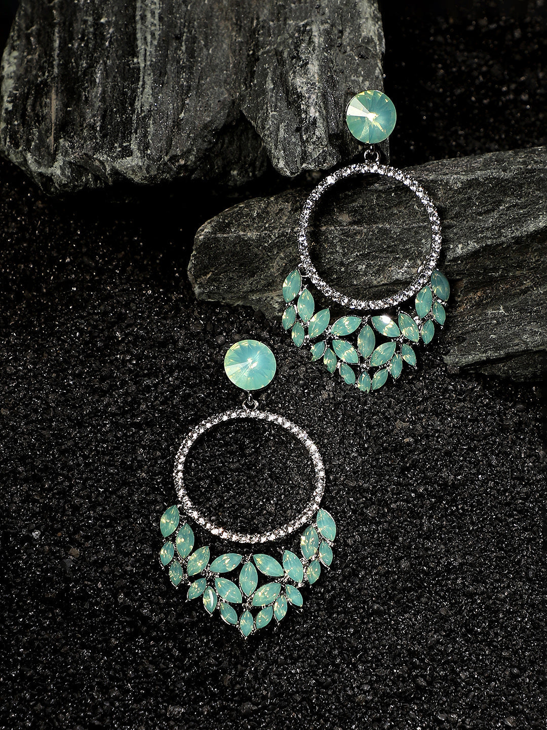 Silver-Plated Artificial Stones Beads Studded Drop Earrings