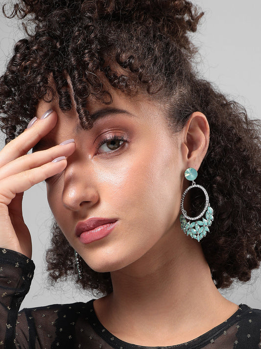 Silver-Plated Artificial Stones Beads Studded Drop Earrings