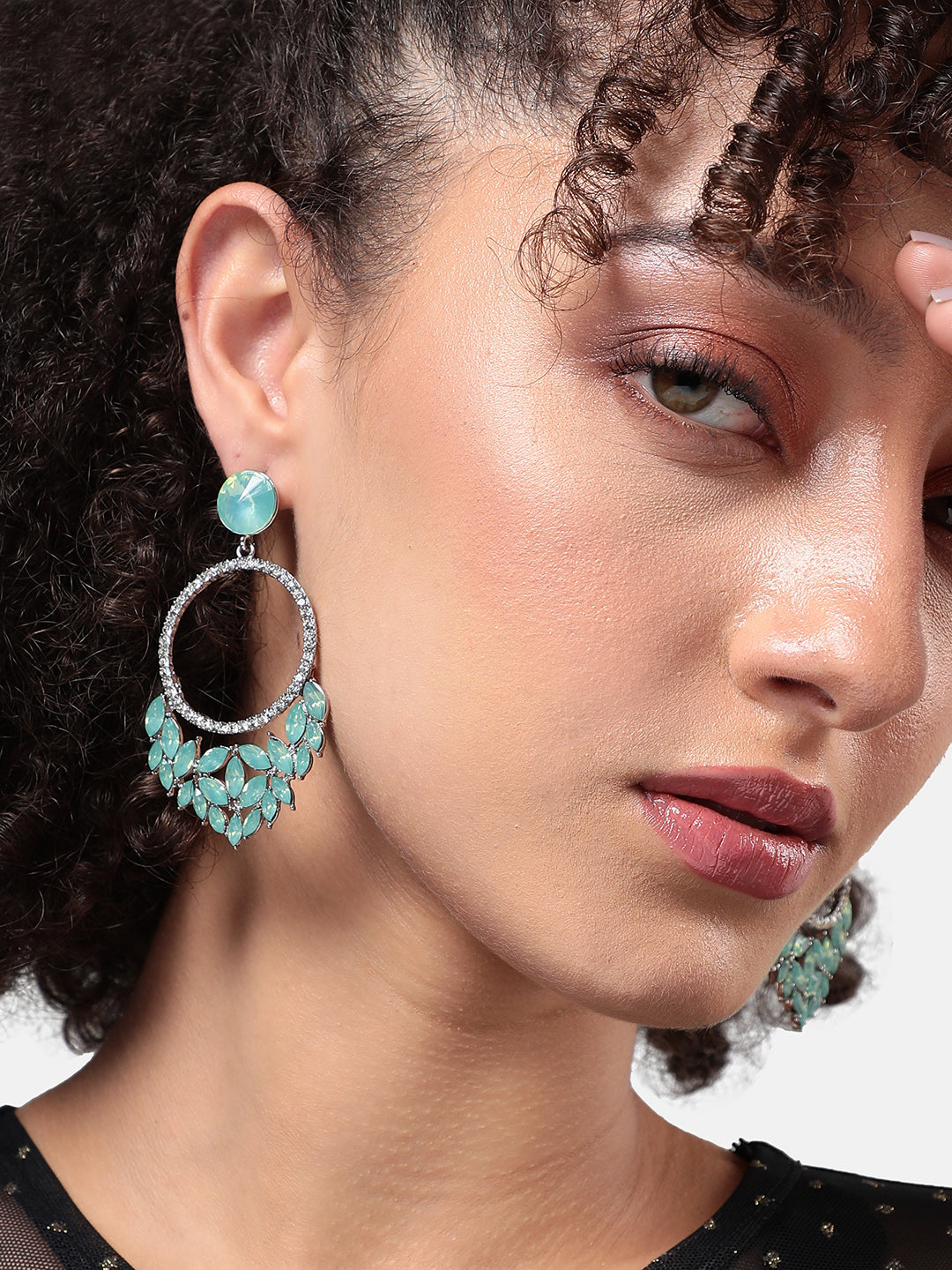 Silver-Plated Artificial Stones Beads Studded Drop Earrings