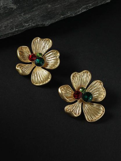 Gold-Plated Stone Studded Floral Drop Earrings