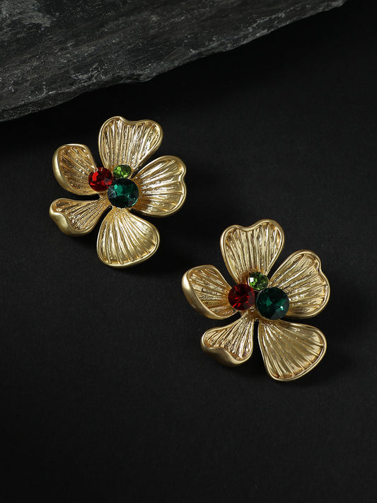 Gold-Plated Stone Studded Floral Drop Earrings