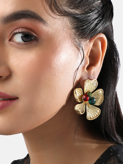 Gold-Plated Stone Studded Floral Drop Earrings