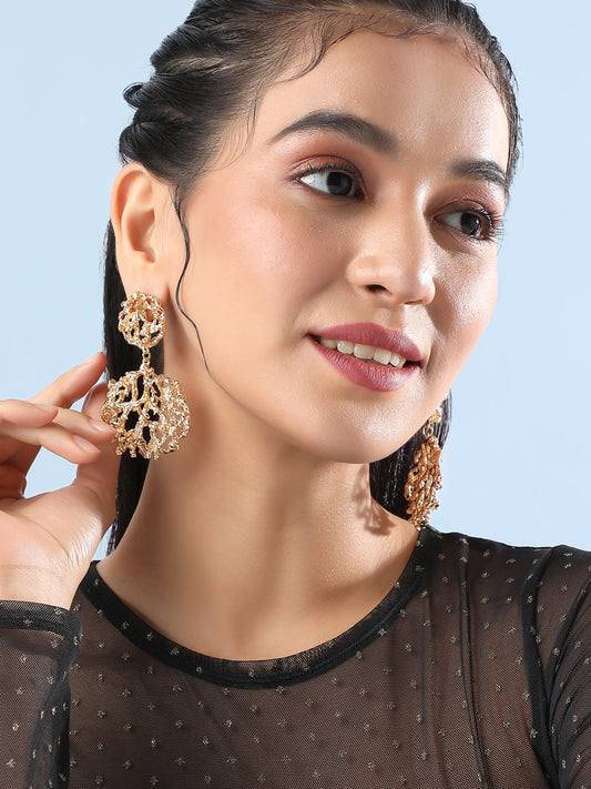 Gold-Plated Artificial Stones Beads Studded Drop Earrings