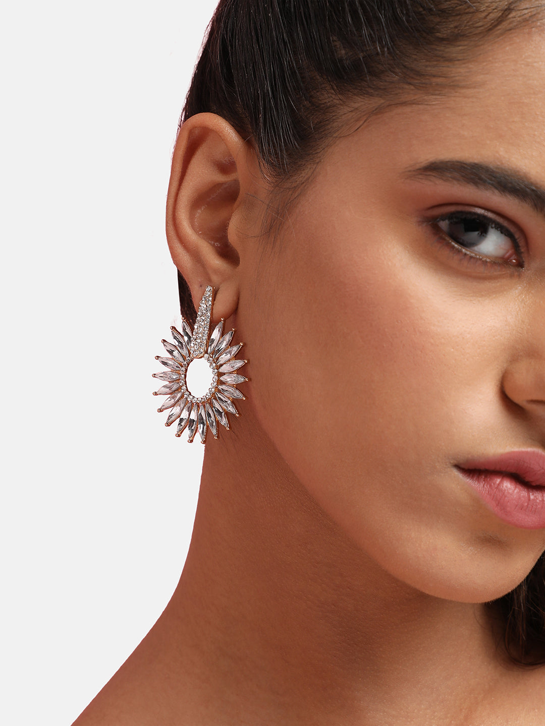 Gold-Plated Stone Studded Floral Drop Earrings