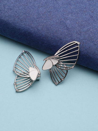 Silver-Plated Stone Studded Butterfly Drop Earrings