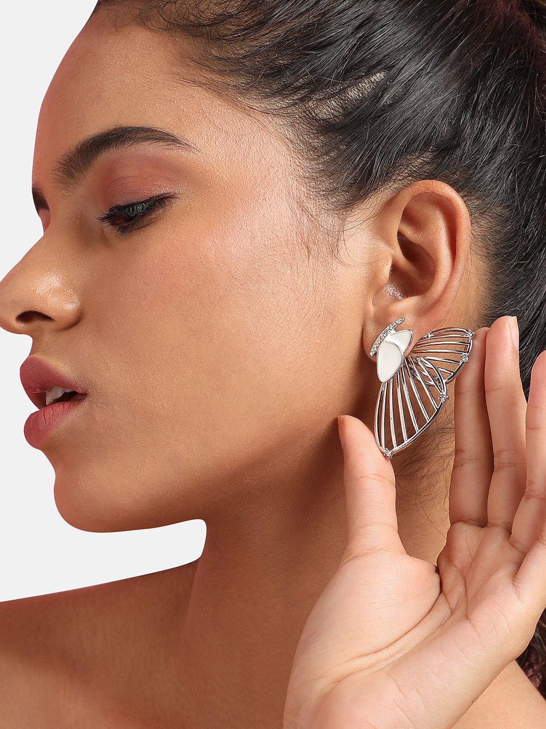 Silver-Plated Stone Studded Butterfly Drop Earrings