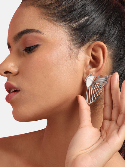 Silver-Plated Stone Studded Butterfly Drop Earrings