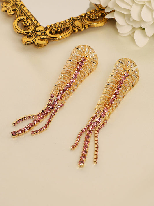 Gold-Plated Artificial Stones Leaf Shaped Drop Earrings