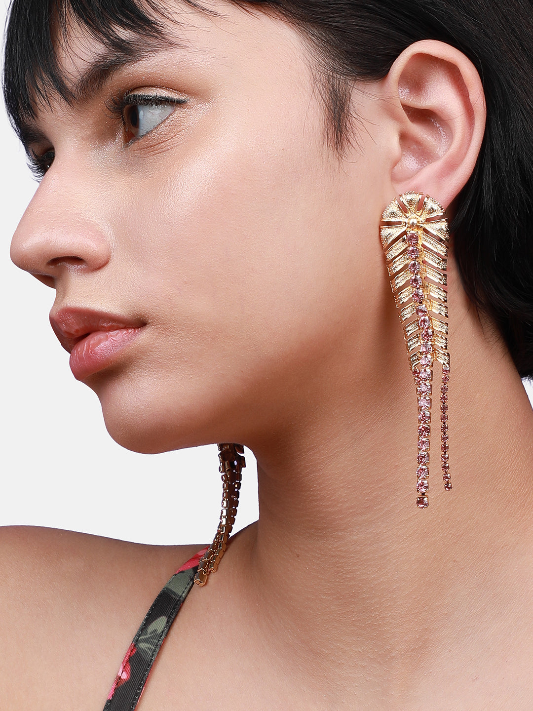 Gold-Plated Artificial Stones Leaf Shaped Drop Earrings