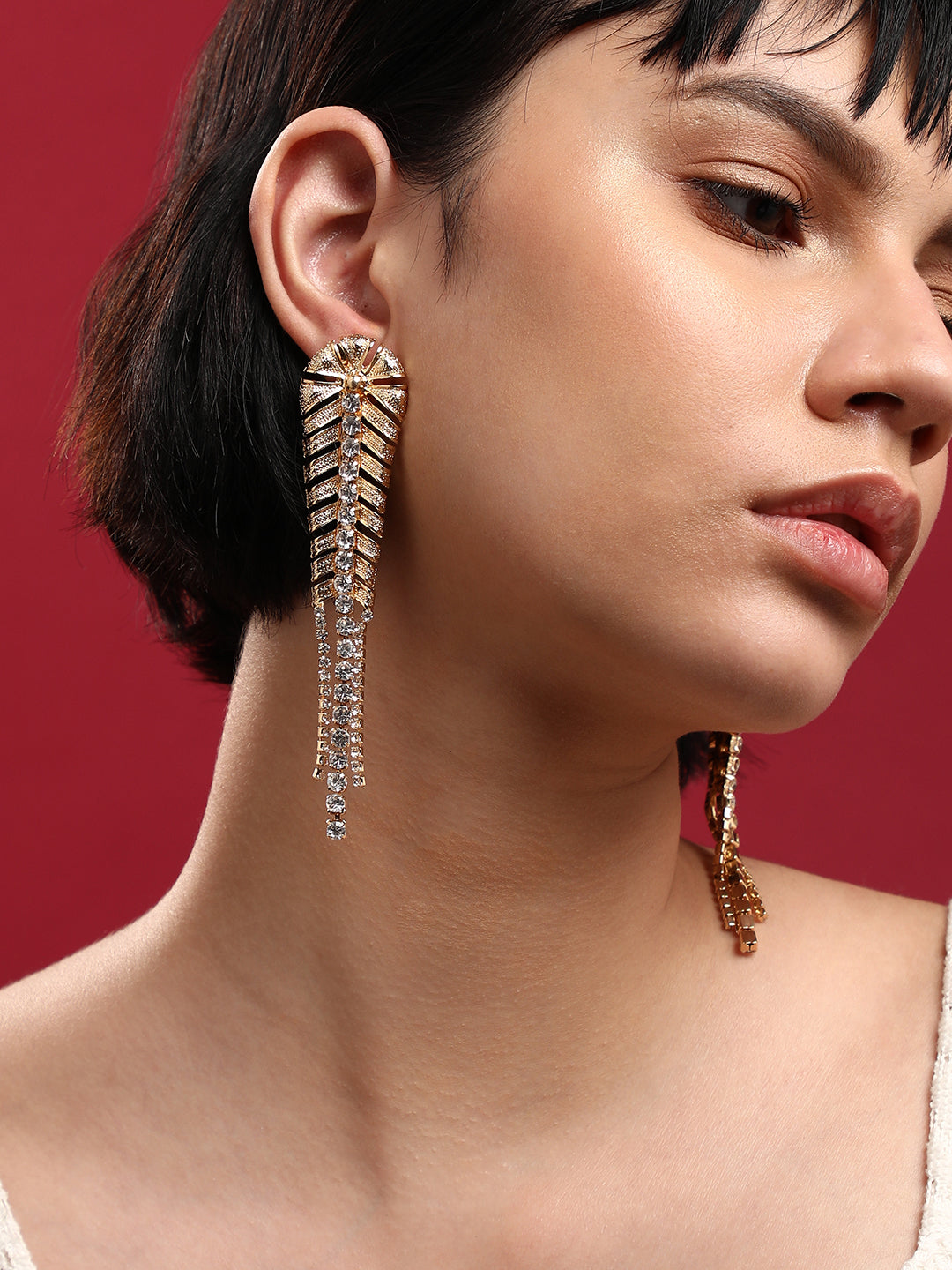 Gold-Plated Contemporary Rhinestone Drop Earrings